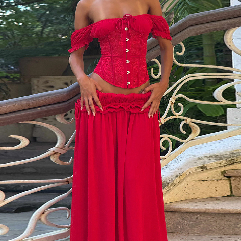 Chic Red Off Shoulder Corset T - Elastic Lace Trim reseña y precio
