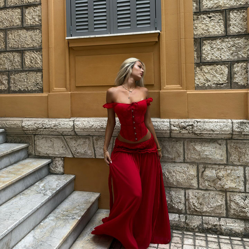 Chic Red Off Shoulder Corset T - Elastic Lace Trim reseña y precio