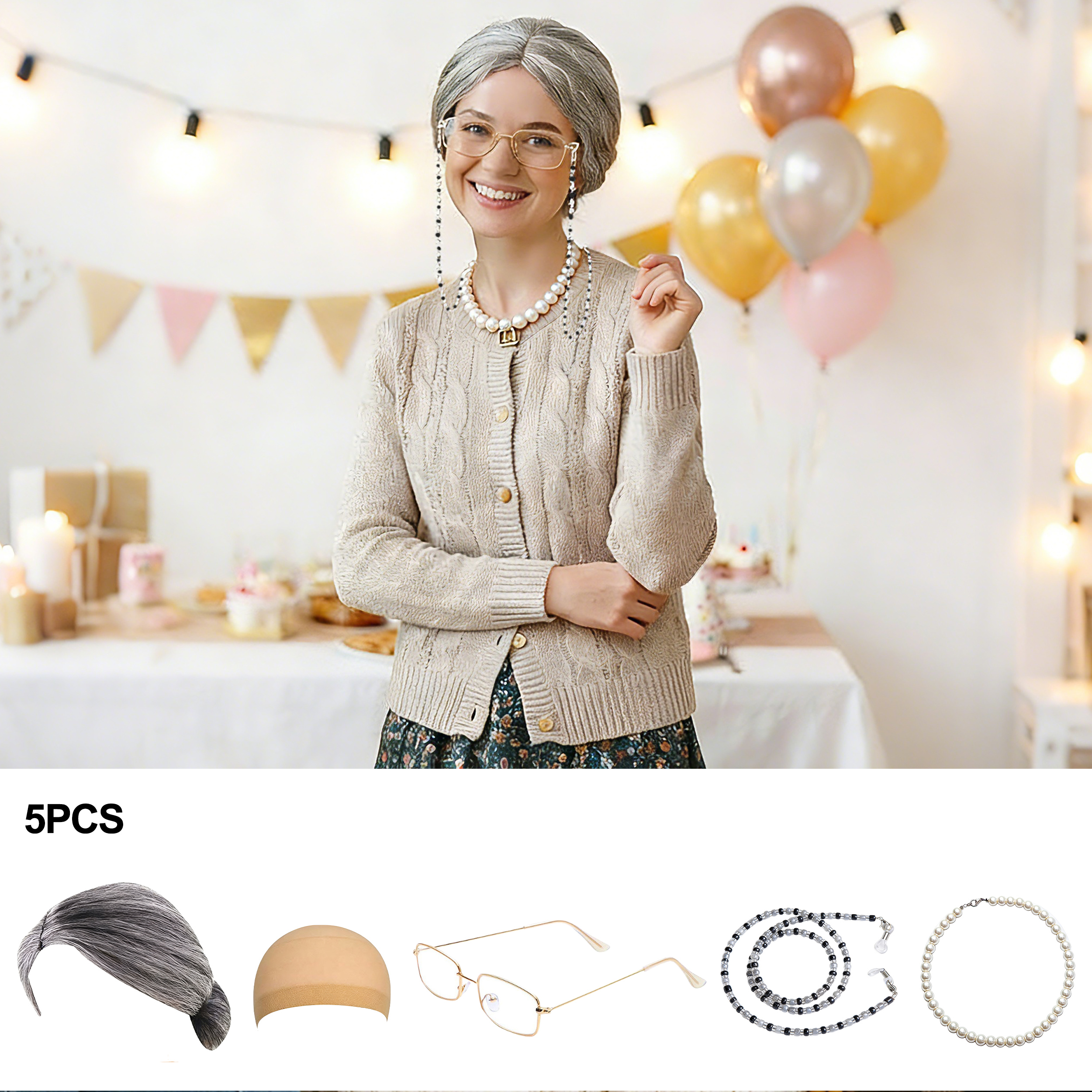 5Pcs Old Lady Costume Set Gran - Pearl Trim Chain reseña y precio