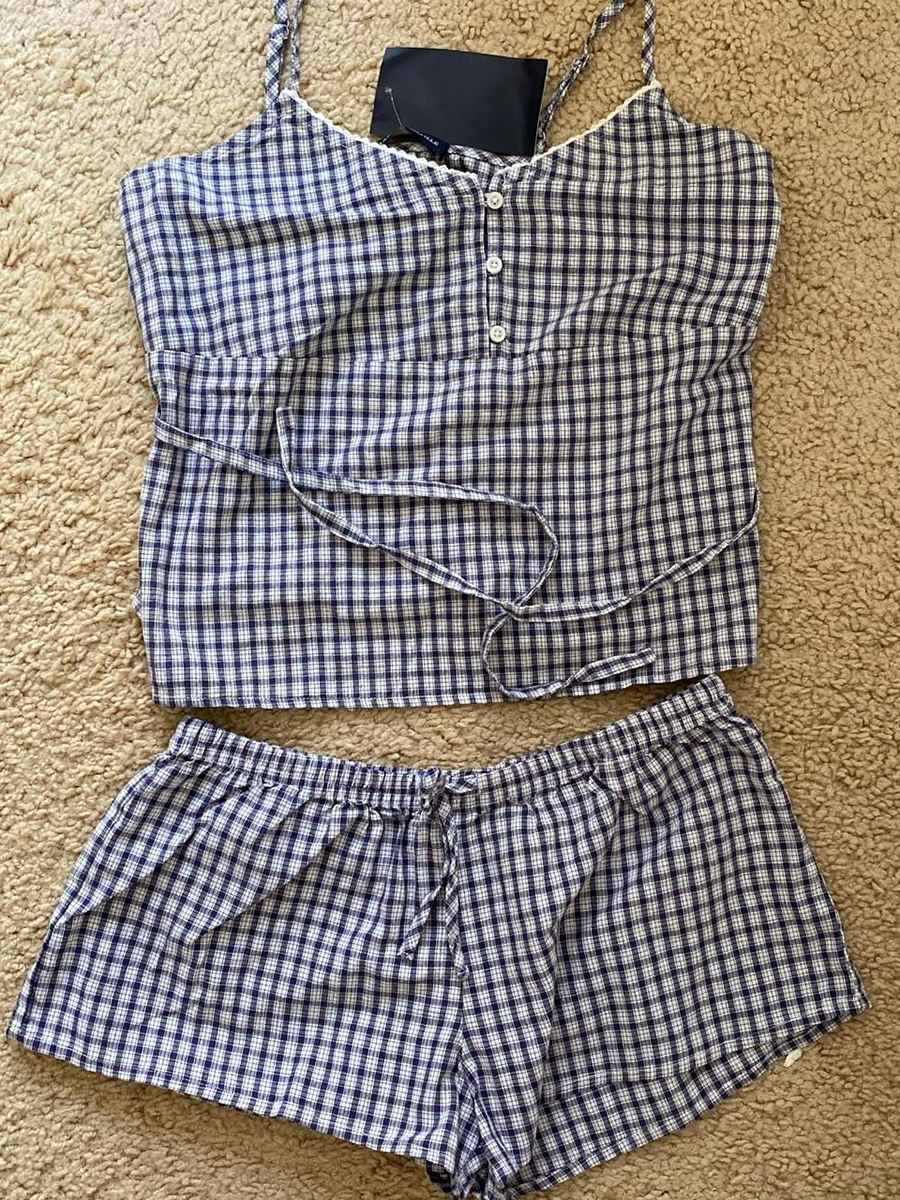 Navy Plaid Tank Shorts 2 Piece - Elastic Lace Trim reseña y precio