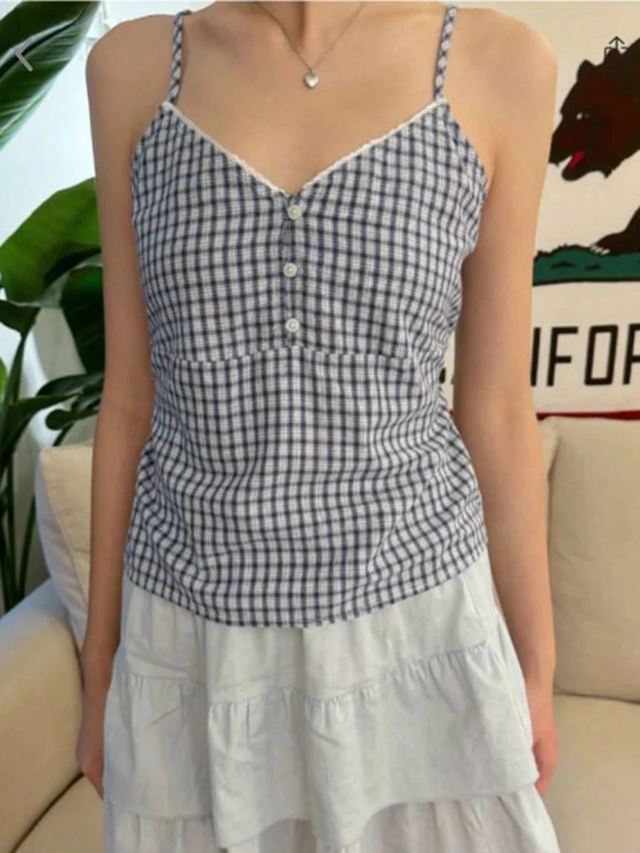Navy Plaid Tank Shorts 2 Piece - Elastic Lace Trim reseña y precio